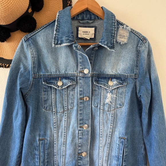 Forever 21 J’adore Le Rock N’ Roll Distressed Blue Denim Jean Jacket Small - Picture 6 of 13